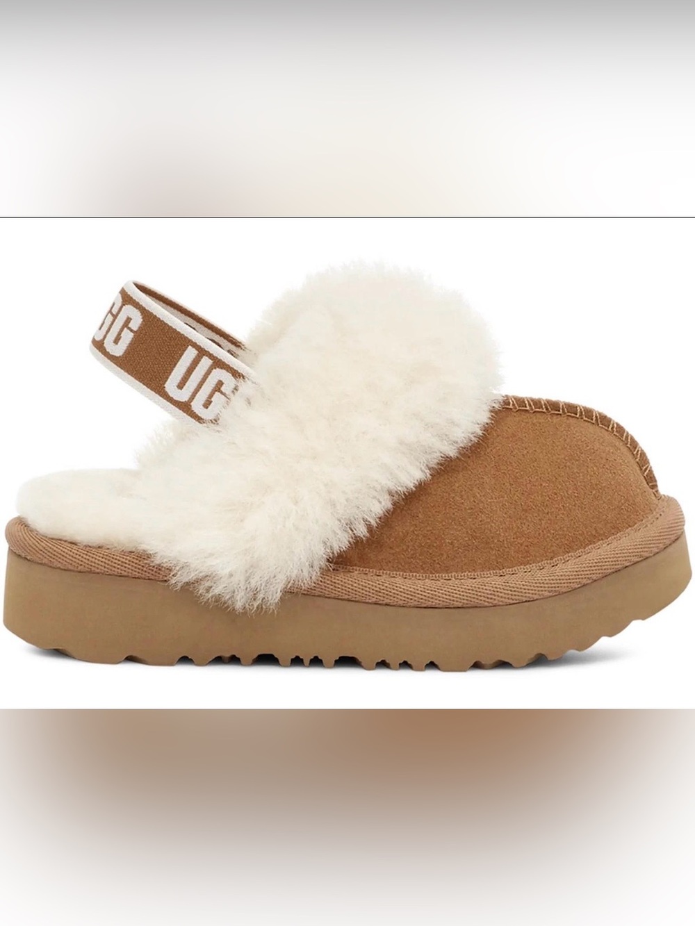 UGG Kids Funkette Chestnut Brown Suede Shearling Slide with Cream Fur
